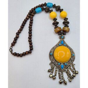 Boho Statement Necklace With Yellow & Turquoise Colored Beads Ornate Pendant